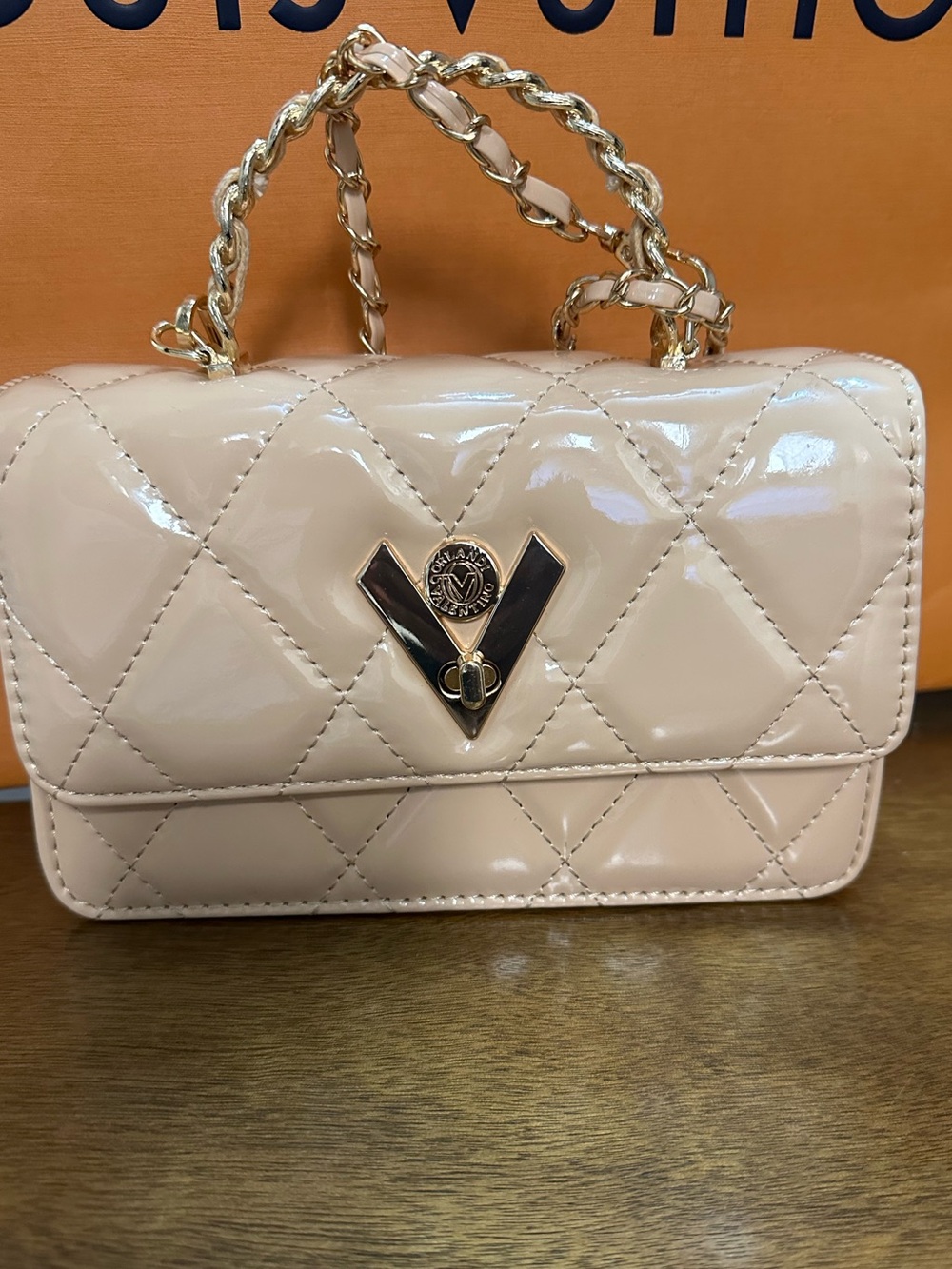 Valentino Orlandi Cream Quilted Patent Crossbody with Gold Chain